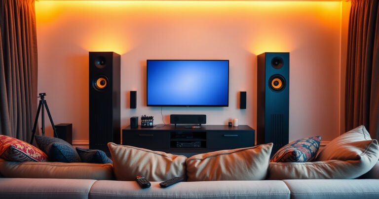 An inviting living room with a sleek smart TV mounted on the wall, surrounded by stylish, modern speakers, glowing softly. A cozy couch with colorful throw pillows faces the setup, with scattered remote controls and cables artistically arranged, while warm, ambient lighting casts a relaxing atmosphere, inviting viewers to immerse themselves in the ultimate entertainment experience.