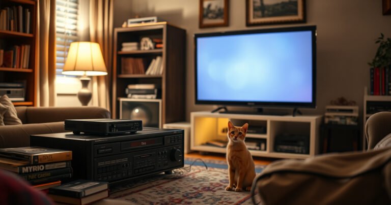 A cozy living room scene with a vintage VHS player connected to a sleek modern smart TV, surrounded by retro tapes and a warm glow from a nearby lamp, showcasing a blend of nostalgia and technology, with a curious cat peeking at the screen, inviting viewers to explore the fusion of past and present.