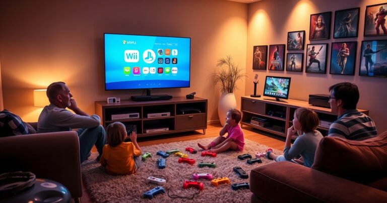 A cozy living room with a modern smart TV displaying a vibrant Wii interface, colorful controllers scattered on a plush carpet, a family excitedly gathered around, a sleek entertainment unit filled with gaming consoles, warm ambient lighting creating a welcoming atmosphere, and a wall adorned with framed gaming posters, capturing the essence of home entertainment.