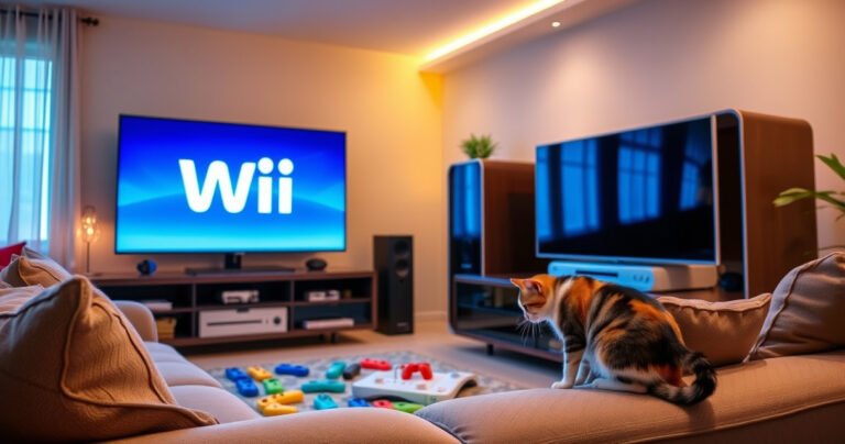 A vibrant living room scene showcasing a Samsung Smart TV displaying the Wii logo, with colorful game controllers scattered around. A cozy couch adorned with plush cushions faces the TV, while a playful cat curiously inspects the Wii console on a sleek entertainment unit, with warm ambient lighting creating a welcoming atmosphere.