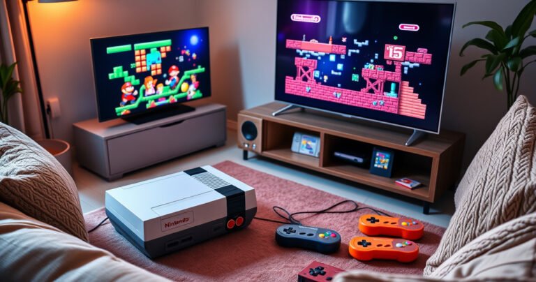 A nostalgic living room scene featuring a classic Nintendo console connected to a sleek modern smart TV, with vibrant pixel art on the screen. Surrounding the setup are retro gaming cartridges, colorful controllers, and a cozy couch adorned with plush throw pillows, all illuminated by warm, inviting light, evoking a sense of gaming nostalgia and modern technology.