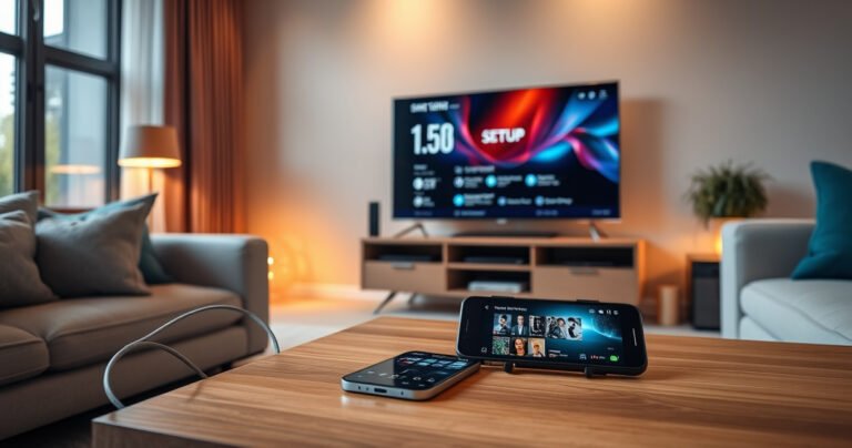 A modern living room with a sleek smart TV displaying a vibrant setup screen, surrounded by cozy furniture. Cables neatly organized on a wooden media console, a smartphone with a streaming app open on a coffee table, and warm ambient lighting creating an inviting atmosphere for tech enthusiasts.