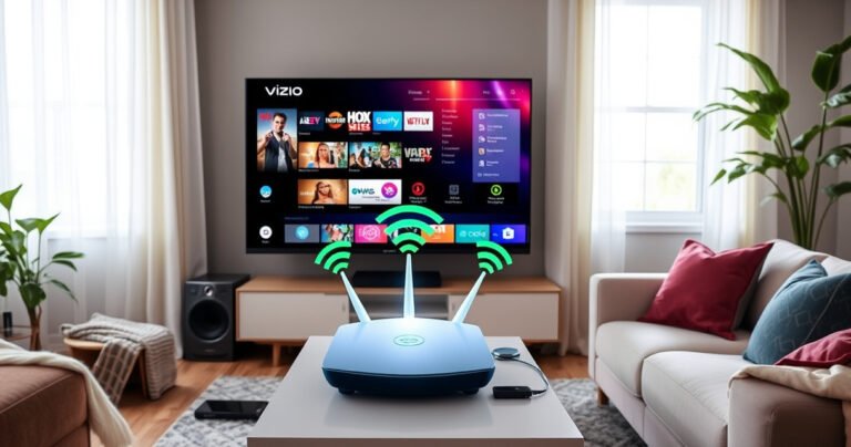 A cozy living room featuring a sleek Vizio Smart TV displaying vibrant streaming content, with a modern couch and a coffee table scattered with tech gadgets. A glowing WiFi router emits signals, surrounded by colorful WiFi icons. Soft natural light filters through a window, creating an inviting atmosphere for tech-savvy viewers.