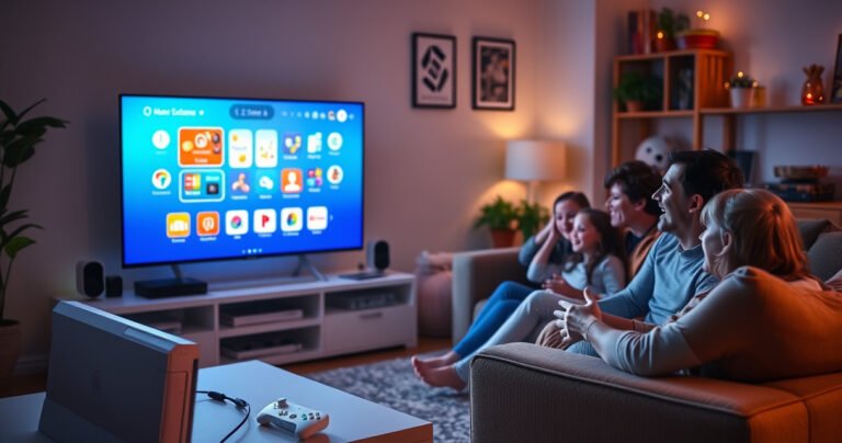 A cozy living room scene with a modern smart TV displaying a colorful Wii interface, a Wii console with controllers nearby, and a family excitedly gathered on the couch, surrounded by soft lighting and playful decor, creating a warm atmosphere of fun and nostalgia, perfect for gaming enthusiasts.