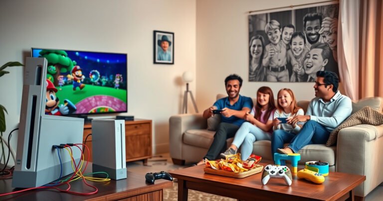 A cozy living room featuring a retro Wii console beside a sleek modern smart TV, colorful cables connecting them, a joyful family gathered on the couch, playing together, with a vibrant mix of old-school gaming and contemporary technology, warm lighting creating an inviting atmosphere, and scattered game controllers and snacks on a coffee table.