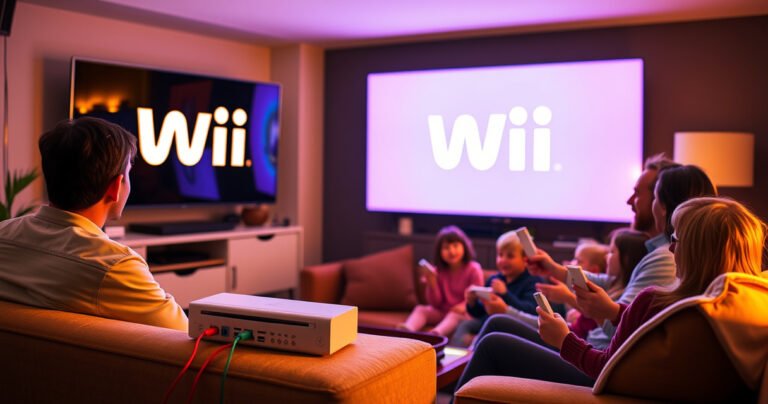 A cozy living room scene with a modern smart TV displaying a vibrant Wii logo, a nostalgic Wii console connected with colorful cables, a comfy couch adorned with plush cushions, and a family eagerly gathered around, holding Wii remotes, bathed in warm, inviting light, capturing the essence of gaming fun and connection.