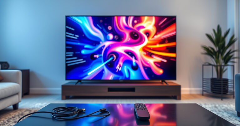 A sleek, modern smart TV displaying vibrant, high-speed visuals in a contemporary living room. Cables are neatly organized, and a user-friendly remote rests on a stylish coffee table. A subtle aura of technology and innovation surrounds the TV, with hints of digital speed, like swirling light trails and glowing icons, emphasizing seamless performance and connectivity.