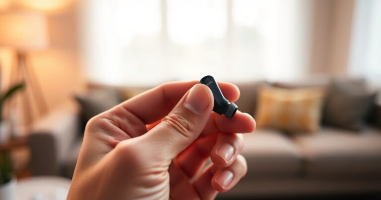 A close-up of a hand delicately inserting sleek Bose earbuds into a pair of ears, surrounded by a soft, blurred background of a cozy living room. Warm, ambient lighting highlights the earbuds' glossy finish, while a subtle focus on the hand’s fingers emphasizes precision and comfort, inviting viewers to experience seamless sound.