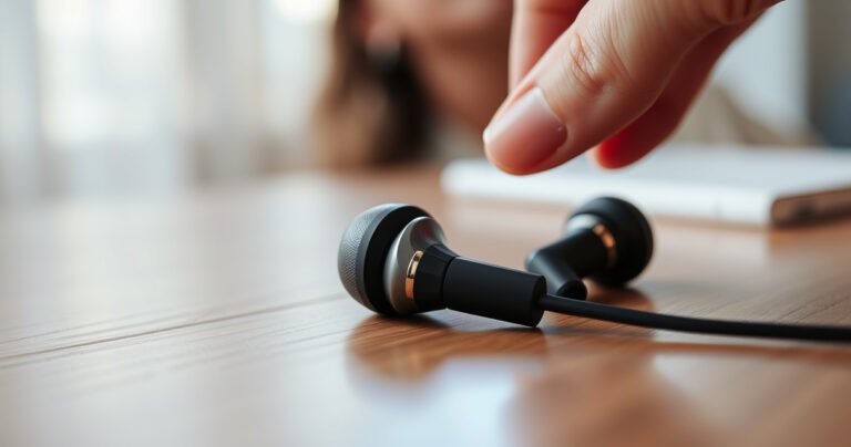 A close-up of a pair of stylish earphones resting on a wooden table, surrounded by a soft, warm light. Nearby, a hand gently holds one earbud, poised to insert it into an ear. In the background, a blurred image of a person enjoying music, showcasing the joy of sound and connection.