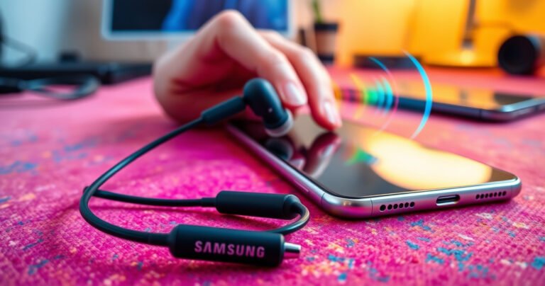 A close-up of a pair of sleek Samsung earphones, elegantly coiled, resting on a vibrant, textured surface. In the background, a soft hand is gently guiding one earbud towards an open smartphone, with colorful sound waves emanating around, symbolizing clarity and connection. Subtle hints of tech gadgets and a warm, inviting workspace complete the scene.