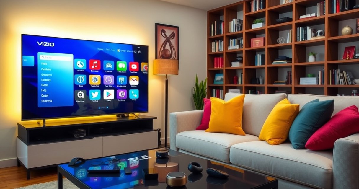 A modern living room with a sleek Vizio Smart TV displaying vibrant app icons, a cozy sofa with colorful throw pillows, soft ambient lighting, and a coffee table scattered with tech gadgets and a remote control, all set against a backdrop of a stylish bookshelf filled with books and decorative items, inviting and tech-savvy atmosphere.