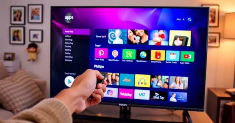A sleek Philips Smart TV displaying a vibrant app store interface, with colorful app icons and a user-friendly navigation menu. A person's hand is reaching towards the remote, poised to select an app. In the background, a cozy living room setting with warm lighting, a plush sofa, and family photos on the walls.