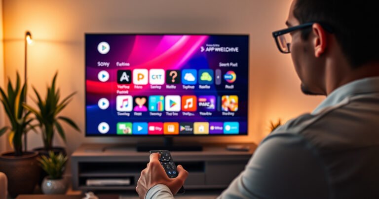 A sleek Sony Smart TV displaying a vibrant app store interface, colorful app icons shining against a modern living room backdrop. A person, focused and engaged, uses a remote control, bathed in warm ambient light. Decorative plants and contemporary furniture enhance the tech-savvy atmosphere, emphasizing the fusion of technology and home comfort.