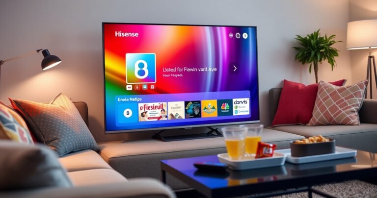 A close-up of a sleek Hisense Smart TV displaying a vibrant app installation screen, surrounded by a cozy living room setting with soft lighting, colorful throw pillows on a comfortable couch, and a modern coffee table with a remote control and snacks, evoking a sense of excitement and ease in tech usage.