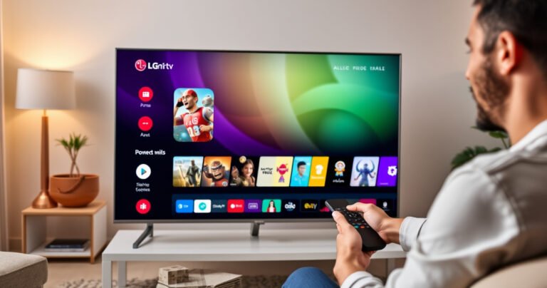 A modern LG Smart TV displaying a vibrant app store interface, surrounded by colorful app icons like games and streaming services. In the background, a cozy living room setting with a comfortable sofa, soft lighting, and a person joyfully interacting with the TV remote, conveying a sense of ease and excitement in discovering new apps.