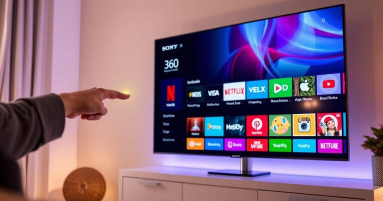 A sleek Sony Smart TV displaying a vibrant app store interface, with colorful icons of popular apps like Netflix and YouTube. A hand reaching towards the screen, highlighting a bright “Install” button. Soft ambient lighting illuminates the room, emphasizing modern technology and a cozy living space, inviting viewers to explore digital entertainment.