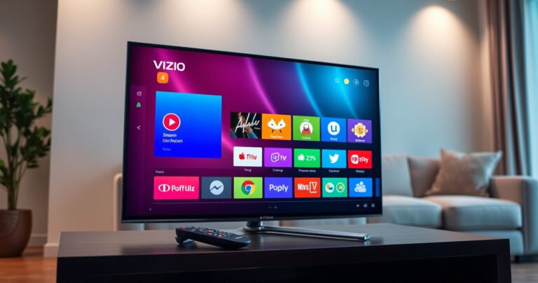 A sleek Vizio Smart TV displaying a vibrant app interface on its screen, surrounded by colorful app icons, a remote control resting beside it, and a cozy living room setting in the background featuring soft lighting and a stylish couch, evoking a sense of modern technology and comfort.