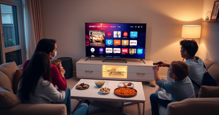 A cozy living room featuring a sleek Sony Smart TV displaying colorful app icons, surrounded by a family enjoying movie night. The warm glow of soft lighting highlights a stylish coffee table with snacks, while a user interacts with the TV remote. A faint digital interface overlays the scene, symbolizing technology and connectivity in everyday life.