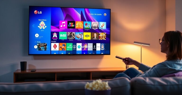 A sleek LG Smart TV on a modern living room wall, displaying a vibrant app store interface filled with colorful app icons. A person, casually dressed, uses a remote control, joyfully navigating the screen. Soft ambient lighting casts a warm glow, showcasing a cozy sofa and a bowl of popcorn in the foreground.