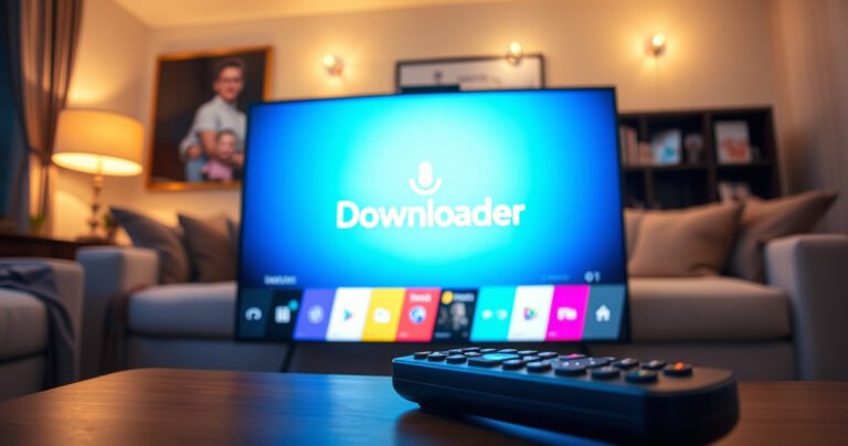 A close-up of a glowing LG Smart TV screen displaying the Downloader app logo, surrounded by colorful app icons. In the background, a cozy living room with a modern design, soft couch, and warm lighting, creating an inviting atmosphere. A remote control rests on the coffee table, hinting at an engaging streaming experience.