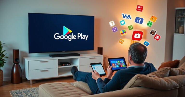 A bright, modern living room featuring a sleek smart TV displaying the Google Play logo. A user sits on a cozy couch, engrossed in a step-by-step guide on a tablet. Colorful app icons float around the TV, illustrating an engaging tech atmosphere. Warm lighting and vibrant decor create an inviting space for tech exploration.