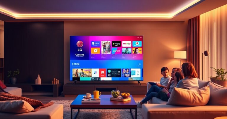 A sleek modern living room with a large LG Smart TV displaying the vibrant LG Content Store interface. The room is bathed in warm, ambient light, with a plush sofa, a stylish coffee table, and colorful decorative elements. In the background, a family is eagerly gathered, exploring the new apps and content on the screen.