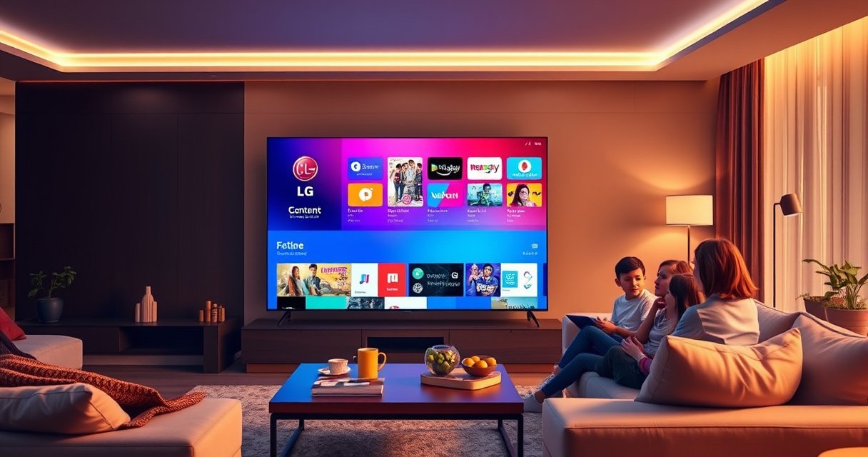A sleek modern living room with a large LG Smart TV displaying the vibrant LG Content Store interface. The room is bathed in warm, ambient light, with a plush sofa, a stylish coffee table, and colorful decorative elements. In the background, a family is eagerly gathered, exploring the new apps and content on the screen.