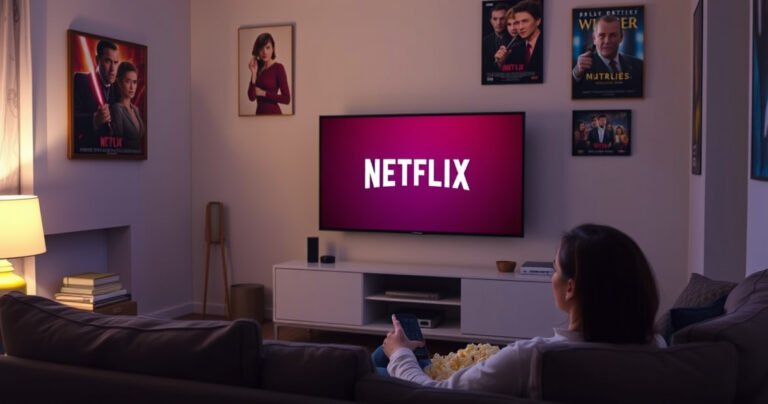 A cozy living room with a sleek Samsung Smart TV displaying the Netflix logo on a vibrant screen. A user sits on a plush sofa, remote in hand, surrounded by popcorn and a warm glow from a nearby lamp, while colorful movie posters adorn the walls, creating an inviting atmosphere for streaming.
