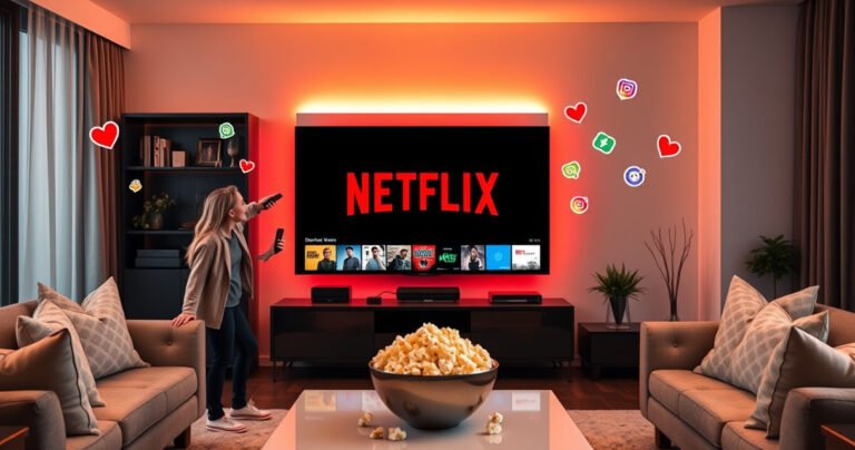 A sleek modern living room with a large smart TV displaying the Netflix logo, surrounded by cozy furnishings. A person joyfully interacting with a remote control, vibrant streaming icons floating around, warm lighting casting a welcoming glow, popcorn bowl on a stylish coffee table, hinting at a movie night ahead, with a hint of excitement in the air.
