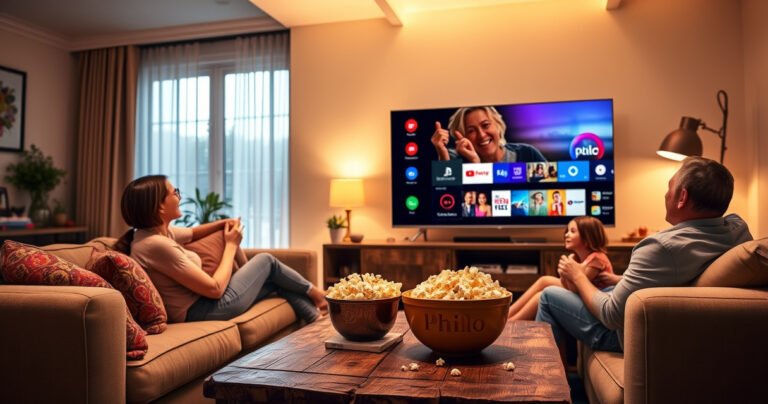 A cozy living room scene featuring an LG Smart TV displaying the Philo interface. Soft, ambient lighting casts a warm glow, with a plush sofa adorned with colorful cushions. A bowl of popcorn sits on a rustic coffee table, while a family joyfully interacts with the TV, showcasing a sense of togetherness and entertainment.