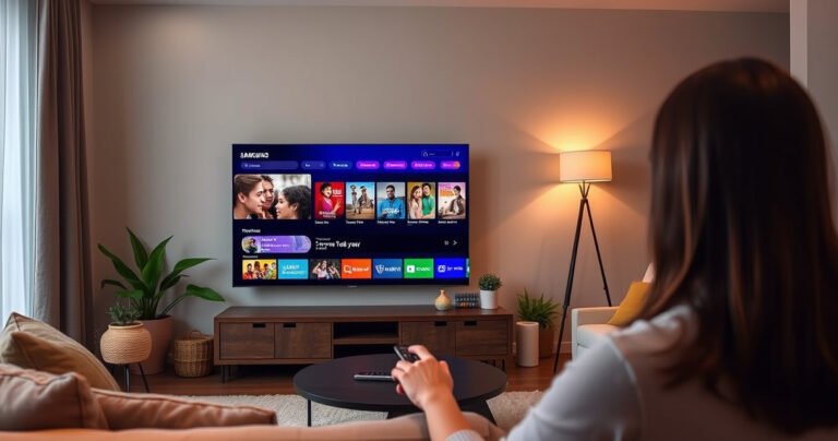 A modern living room featuring a sleek smart TV displaying the Samsung TV Plus interface, surrounded by cozy furniture, vibrant houseplants, and warm lighting. A person is attentively interacting with a remote control, while the TV screen showcases colorful streaming options, creating an inviting atmosphere that highlights the ease of smart technology.