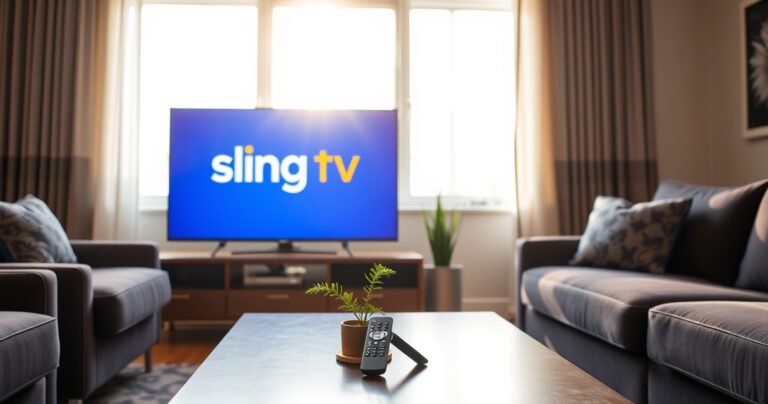 A modern living room featuring a sleek Samsung Smart TV displaying the Sling TV logo, surrounded by comfortable furniture. Bright light filters through a window, illuminating a user-friendly remote control on a stylish coffee table, while a small plant adds a touch of greenery, emphasizing a cozy, tech-savvy atmosphere perfect for streaming entertainment.