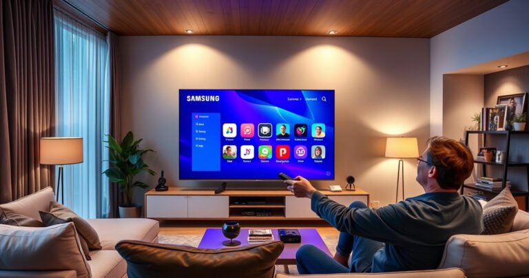A sleek modern living room featuring a large Samsung TV displaying the Smart Hub interface, vibrant app icons glowing on the screen. The cozy space is adorned with stylish furniture, soft lighting, and tech gadgets, while a person is joyfully interacting with the TV remote, surrounded by an inviting atmosphere of comfort and innovation.