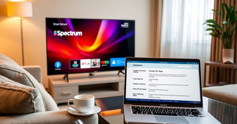 A sleek Samsung Smart TV displays the Spectrum TV app interface, vibrant colors illuminating the screen. Surrounding the TV are a cozy living room setting with a plush couch, warm lighting, and a cup of coffee on a side table. An open laptop shows detailed installation steps, creating an inviting, tech-savvy atmosphere.