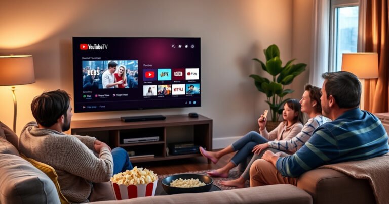 A cozy living room featuring an LG Smart TV displaying the YouTube TV interface, surrounded by a comfortable sofa, popcorn bowl, and a cozy blanket. Soft ambient lighting enhances the inviting atmosphere, while a family gathers nearby, immersed in the excitement of streaming their favorite shows, showcasing modern technology in a homely setting.