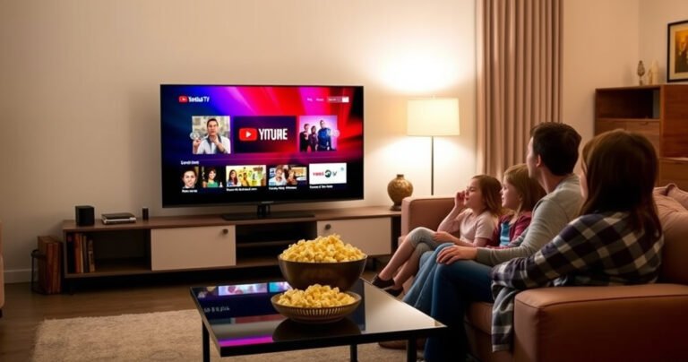 A sleek Samsung Smart TV displaying the vibrant YouTube TV interface, surrounded by a cozy living room with soft lighting, a bowl of popcorn on a stylish coffee table, and a family of four gathered on a comfortable couch, excitedly watching their favorite shows, showcasing a perfect blend of technology and home entertainment.
