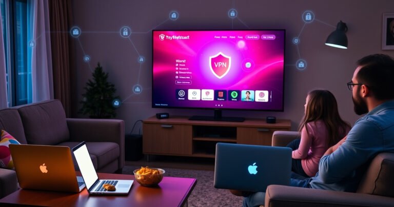 A cozy living room featuring a modern smart TV displaying a vibrant VPN interface, surrounded by a comfortable couch, snacks on a coffee table, and a glowing laptop open beside it. Soft lighting creates an inviting atmosphere, while a family enjoys a movie night, emphasizing connectivity and security with digital icons subtly in the background.