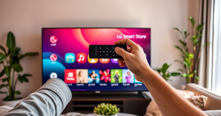 A sleek LG Smart TV displaying a vibrant app store interface, with colorful app icons glowing on the screen. A friendly hand holding a remote control poised above the TV, surrounded by cozy living room decor—a plush sofa, soft lighting, and lively plants, creating an inviting atmosphere for tech-savvy viewers.