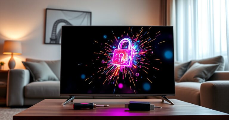 A sleek LG Smart TV displaying a vibrant, animated digital lock breaking open, with colorful sparks flying around. Surrounding the TV are tech tools like a screwdriver and a USB drive, set against a cozy living room background with a comfortable couch and ambient lighting, symbolizing a safe yet adventurous tech journey.