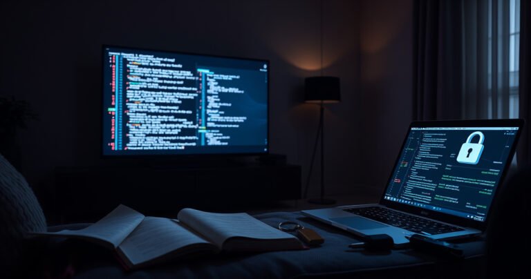 A sleek LG Smart TV illuminated in a dim living room, with a hacker's laptop open beside it, glowing screens filled with code. Surrounding the scene are tools symbolizing safe alternatives: a guidebook, a USB drive, and digital locks being pickled. The atmosphere is tense yet intriguing, highlighting innovation and caution in technology.