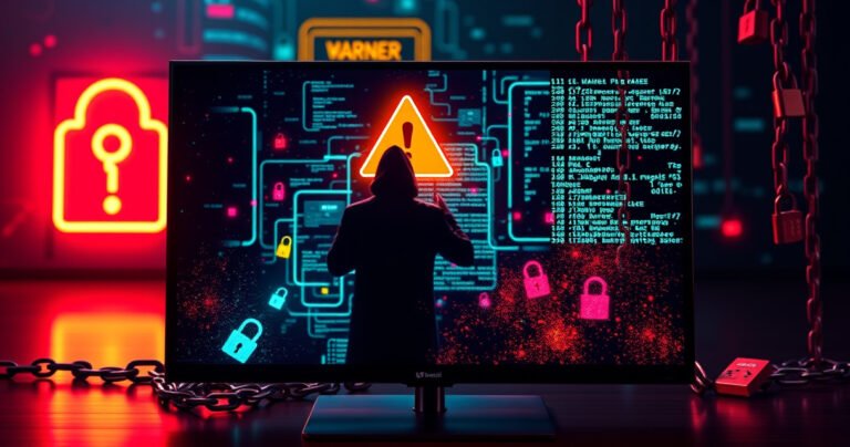A sleek LG Smart TV glowing with vibrant colors, surrounded by digital locks and chains, symbolizing the concept of jailbreak. In the background, a shadowy figure explores a maze of code and technology, while a glowing warning sign indicates potential risks. The atmosphere is a mix of intrigue and caution, hinting at the world of hacking and innovation.