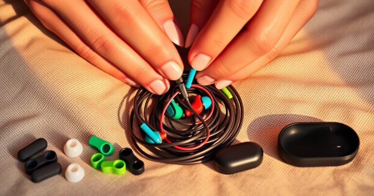 A close-up of colorful earphones nestled against a soft, textured fabric background, with a pair of hands gently adjusting their fit. Surrounding them are various clever tools and hacks like silicone tips, clips, and a small travel case, all bathed in warm, inviting light, conveying a sense of comfort and practicality in everyday life.