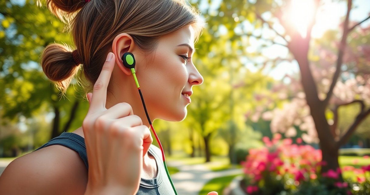 A close-up of a person adjusting colorful earphones while jogging in a vibrant park, surrounded by blooming flowers and green trees. Focus on the earphones nestled securely in their ears, capturing a sense of movement and energy. Sunlight filters through the leaves, creating a lively atmosphere that emphasizes comfort and style in active listening.