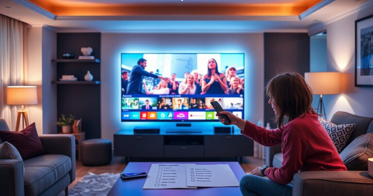 A modern living room featuring a sleek, illuminated smart TV with vibrant streaming content displayed. A curious person is inspecting the TV's remote, surrounded by cozy furniture, soft ambient lighting, and tech gadgets. Include a checklist on a coffee table with items like Wi-Fi connectivity, voice control, and app availability, creating a lively, engaging atmosphere.