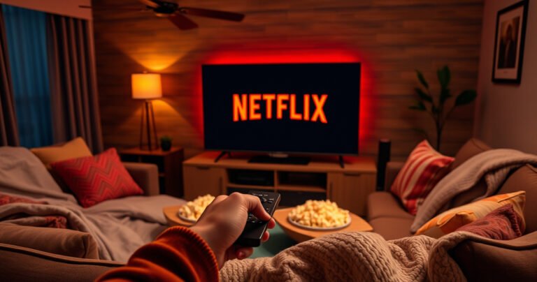 A cozy living room scene with a sleek smart TV displaying the Netflix logo, surrounded by a plush sofa, soft blankets, and popcorn bowls. A hand is reaching toward the remote, with a warm, inviting atmosphere created by dim lighting and colorful throw pillows, evoking a sense of comfort and modern technology.