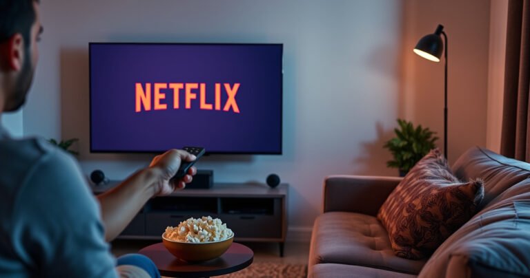 A cozy living room featuring an LG Smart TV displaying the Netflix logo, a person reaching for the remote with a focused expression, popcorn bowl on the side table, soft ambient lighting casting warm shadows, and a plush couch inviting relaxation, symbolizing the transition from streaming to logout with a sense of calm and clarity.