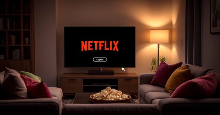 A cozy living room scene featuring a sleek Samsung Smart TV displaying the Netflix logo, surrounded by a plush sofa with colorful cushions, a bowl of popcorn on a coffee table, and soft ambient lighting, creating a warm, inviting atmosphere perfect for movie nights, with a subtle arrow pointing to a "Logout" button on the screen.