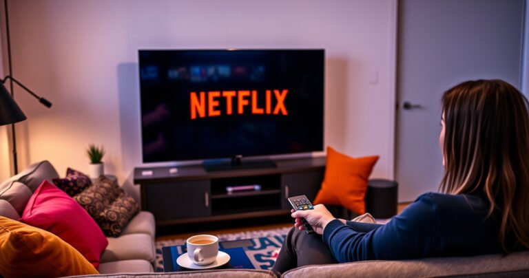 A cozy living room featuring a sleek LG Smart TV displaying the Netflix logo, surrounded by a plush couch with colorful cushions. A user is holding a remote, looking focused, with a warm cup of coffee on a side table. Soft ambient lighting creates an inviting atmosphere, hinting at a relaxing movie night.