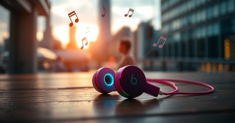 A close-up of vibrant, sleek Beats earbuds resting on a wooden table, surrounded by sound waves and musical notes radiating outward. The earbuds glow with a subtle light, highlighting their design. In the background, a blurred cityscape hints at an urban lifestyle, conveying energy and passion for music.