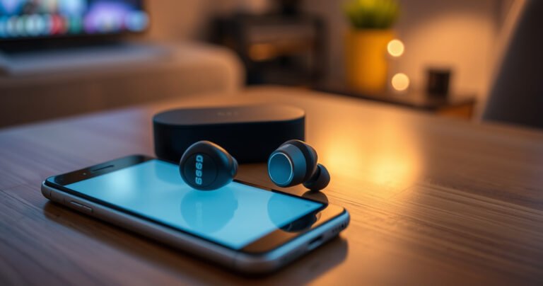 A close-up of sleek Bose earbuds on a polished wooden table, surrounded by a glowing smartphone displaying a Bluetooth settings screen. Soft ambient light casts a warm glow, highlighting the earbuds' modern design. Subtle hints of a cozy, tech-friendly environment in the background, creating an inviting atmosphere for tech enthusiasts and music lovers alike.